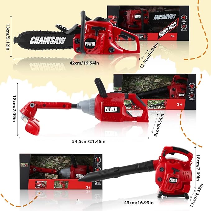 3 Pcs Toy Gardening Tool Set for Kids Toy Leaf Blower Weed Trimmer Chainsaw Pretend Set with Lights and Sounds Christmas Birthday Gift for Boys Girls