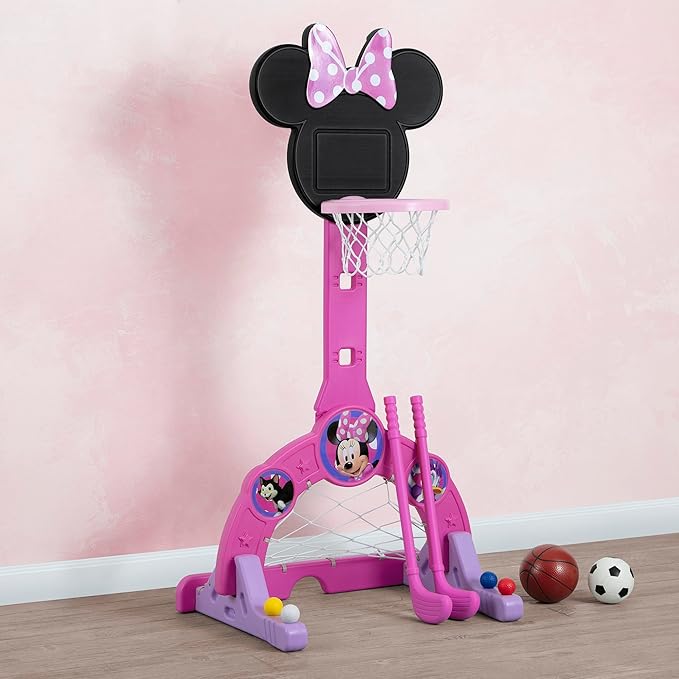Delta Children Disney Minnie Mouse 4-in-1 Sports Center – Adjustable Easy Score Basketball Hoop, Soccer/Hockey Net and Golf Game, 4 Golf/Hockey Balls, Pink