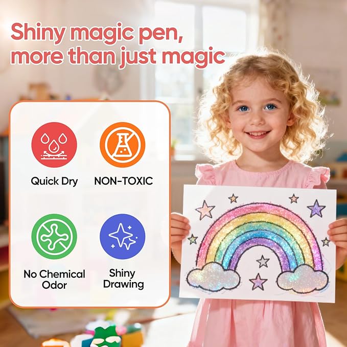 10 Pack Magic Glitter Color Changing Markers, Jumbo Dual Tip Markers with Color-Coded Barrels , Double Ended Chisel Tip Marker Set, Non-Toxic Kids Art Supplies for Drawing & Coloring, Stationery Sets