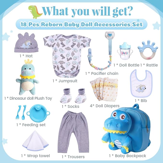 BABESIDE Baby Doll Accessories for 17-22 Inch Dolls – 18 Piecs Dinosaur Reborn Baby Doll Accessories Set with Baby Doll Clothes, Backpack, Feeding Set, Birthday Gift for Boys & Girls
