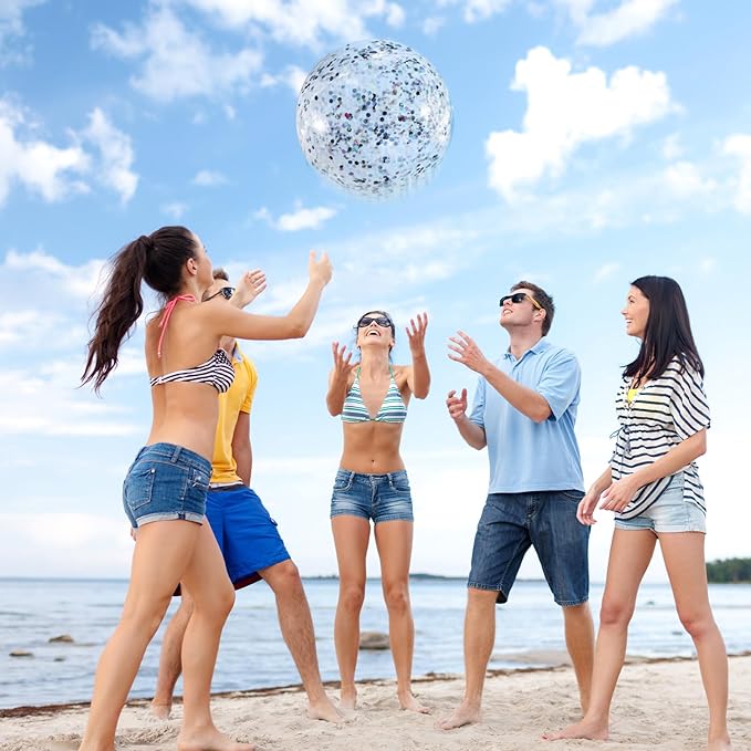 12 Pack Silver Glitter Beach Balls 16" Large Inflatable Sparkly Confetti Pool Balls Glitter Pool Toys PVC Jumbo Sport Ball for Birthday Hawaiian Wedding Christmas Happy New Year Party Favor