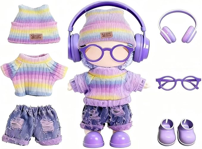 Clothes for LABUBU 17cm Doll (NO Doll) – 6-Piece Set, Hat + Sweaters + Skirt + Headphones + Glasses + Shoes, Cute and Premium Dolls Outfit Accessories (Rainbow Style)