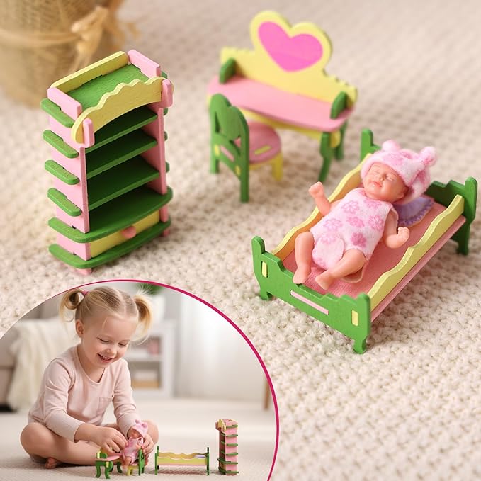 BABESIDE Mini Silicone Baby Dolls, 3 Inch Realistic Newborn Baby Dolls Full Silicone Sleeping Little Mini Real Life Baby Girl Miniature Baby with Playset Accessories(Pink)