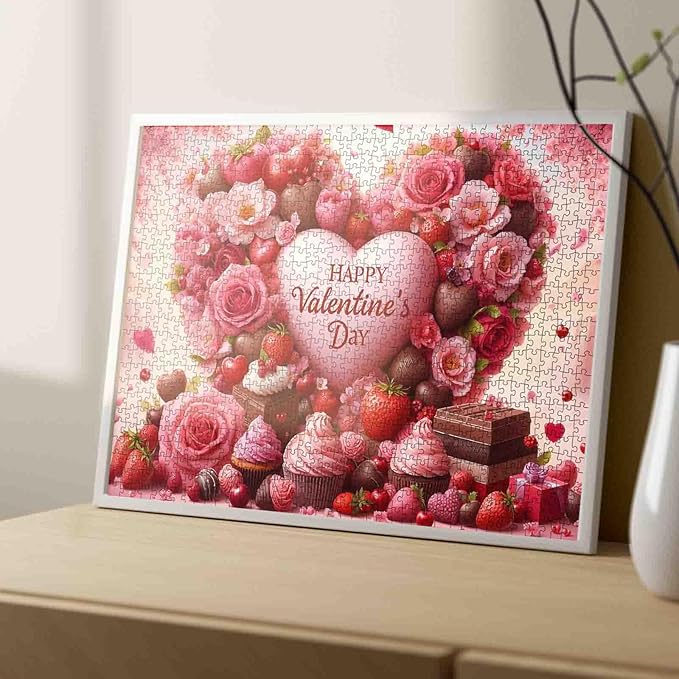 Candy Hearts Puzzle 1000 Piece Valentine's Day Jigsaw Puzzle for Adults–Heart Roses Chocolates Puzzles Challenging Decor Puzzle & Unique Gift Idea for Girlfriend boyfriend-19.7 x 27.6 in