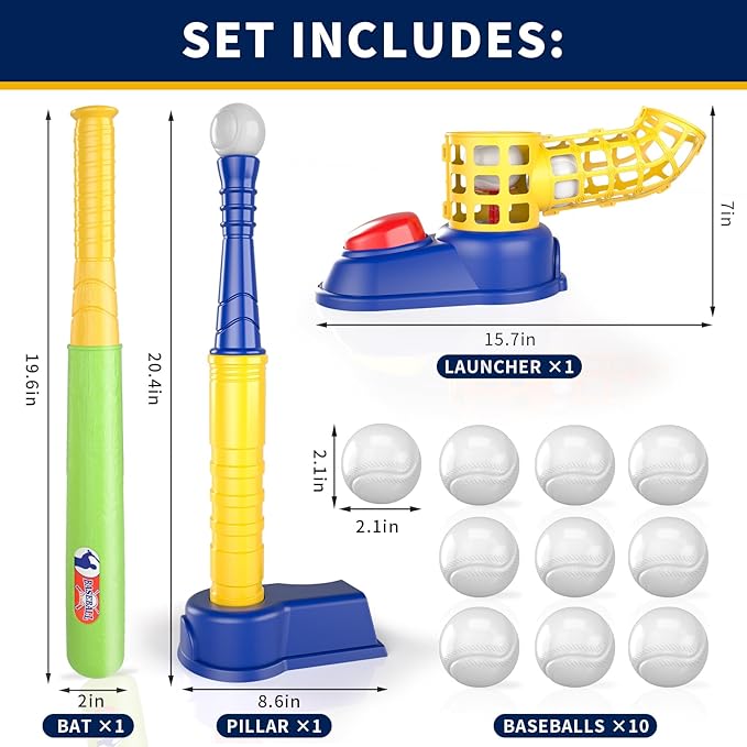 Bennol T Ball Set Toys for Kids 3-5 5-8, Kids Baseball Tee for Boys Toddlers, Auto Ball Launcher, Indoor Outdoor Outside Sports Tee Ball Set Toys Gifts for 3 4 5 6 Year Old Boys Toddler Kids