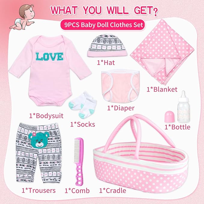 9 Pcs Reborn Baby Girl Dolls Clothes Accessories Outfit with Pink Dot Bassinet for 17-22 Inch Reborn Doll Newborn Baby Girl