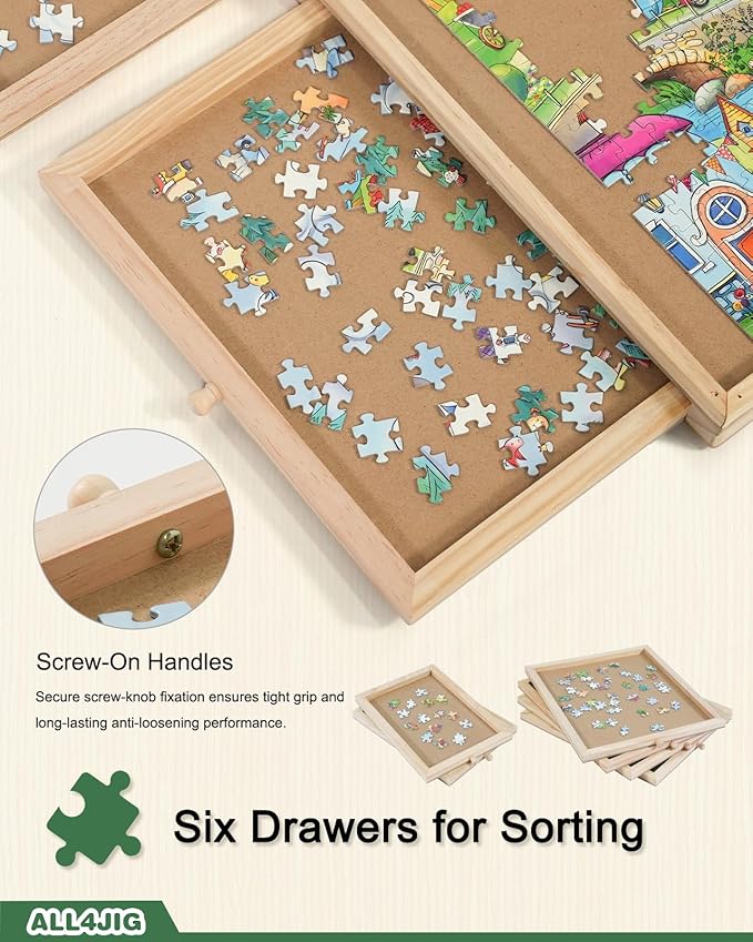 ALL4JIG 1500 Pieces Rotating Puzzle Board with 6 Drawers and Cover,25"x34"Portable Wooden Jigsaw Puzzle Table for Adults,Lazy Susan Spinning Puzzle Boards Birthday Gift for mom