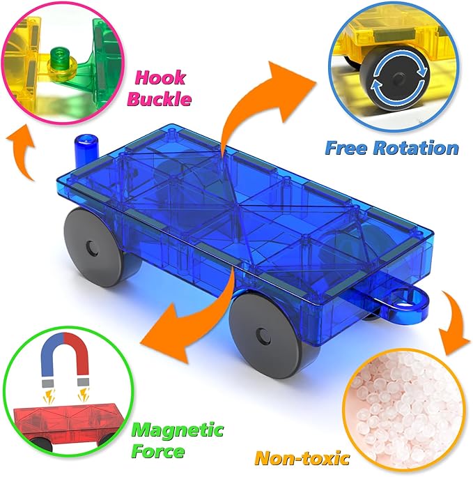 Magnetic Tiles Cars Construction Set, 4 PCS Magnet Cars Magnetic Building Blocks Toy for Kids Ages 4-8 3-5 Magnet Bricks Truck Kit Educational Sensory Toys Gifts for 3+ Year Old Boys & Girls Christmas