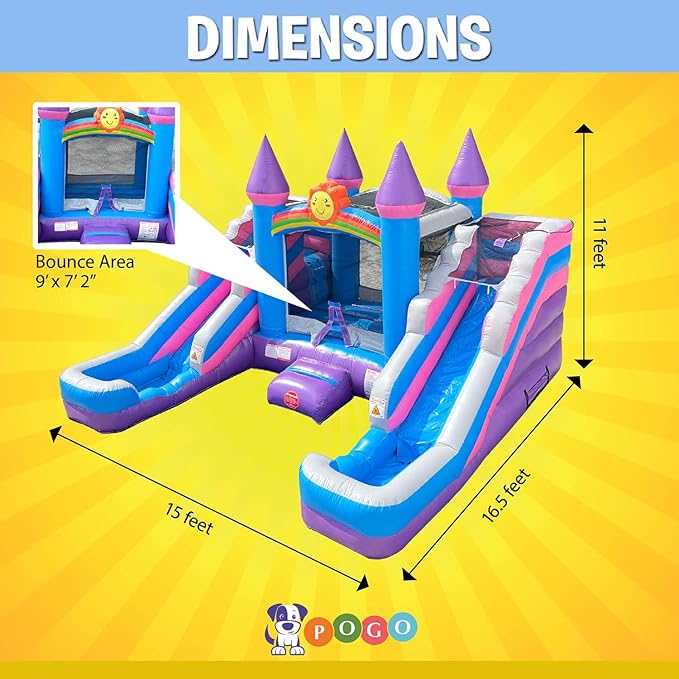 Crossover Purple Castle Double Water Slide Bounce House Combo, 16.5 x 15 x 11 Foot, PVC Vinyl Inflatable Bouncy House for Kids, Wet or Dry Slides, with Stakes and Storage Bag, Blower not Included