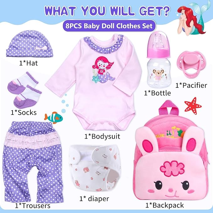 8 Pcs Reborn Baby Doll Clothes Girl Pink Accessories Set for 17-22 Inch Reborn Doll Clothes with Diaper Bag Kids Purple Gift Set