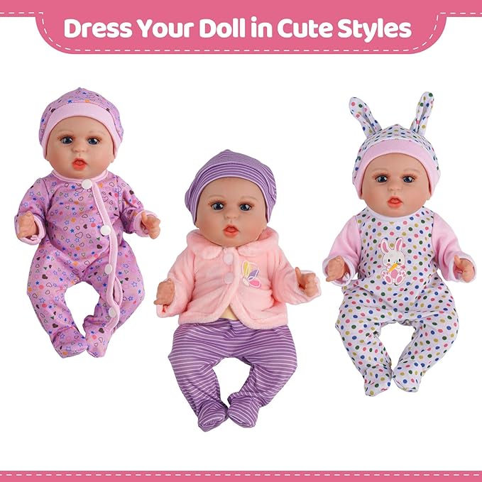 BABESIDE Alive Baby Doll Clothes for 8-12 Inch Dolls, 3 Set Doll Clothes Outfits, Baby Doll Accessories Romper Suit, Coat and Hat for Baby Dolls,Easter Pretend Play Accessories for Kids 3+