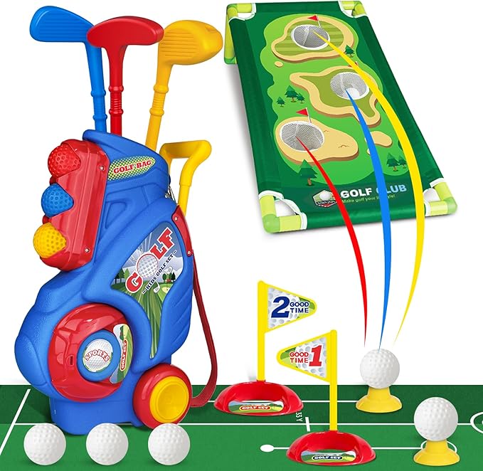 Toddler Golf Set for Boys Girls 1 2 3 4 Years Old, Upgraded Kids Golf Cart with Putting Mat & Cornhole Board, Outdoor Indoor Sports Toys, Blue