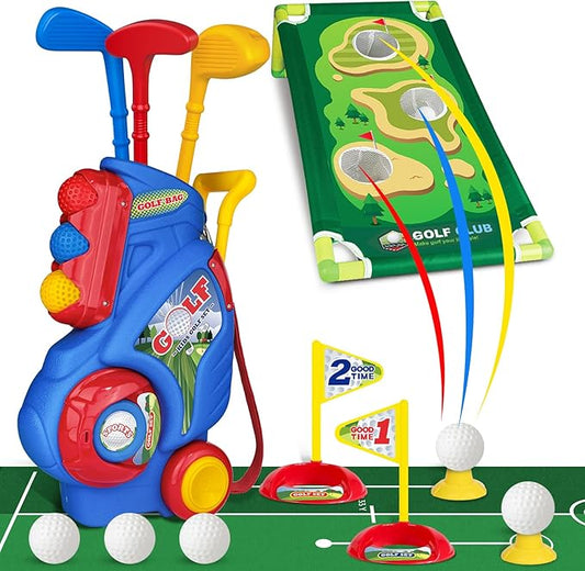 Toddler Golf Set for Boys Girls 1 2 3 4 Years Old, Upgraded Kids Golf Cart with Putting Mat & Cornhole Board, Outdoor Indoor Sports Toys, Blue
