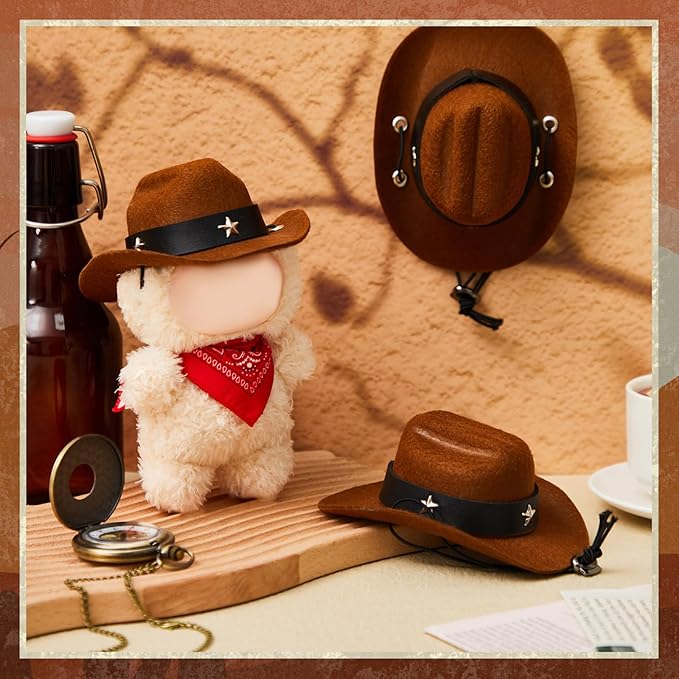 Shyyween 2 Pcs 17cm Doll Cowboy Costume Accessories Mini Western Cowboy Hat with Bandana Scarf Outfit Set Accessories for Birthday Christmas Anniversary Collectors' Gift, Doll Not Included