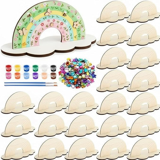 12 Sets Christmas Rainbow Painting Craft for Kids Party Favors, Art Wooden Painting Sets for Party Favors Brush Kit Return Gifts, Birthday Supplies Class Make Your Own Craft Kits