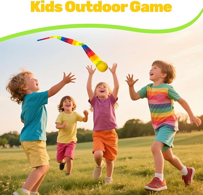 2 Pcs Throw and Catch Balls with Rainbow Tails, Outdoor Toys Bulk Playground Balls for Kids Adults, Physical Equipment Indoor Recess Games for Preschool, Camping Toys, 37"