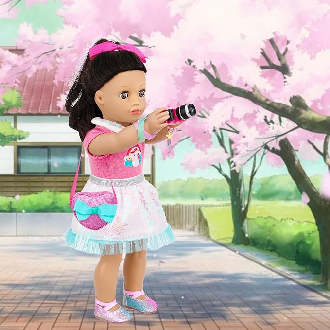 American 18 Inch Doll Clothes and Makeup Accessories Set - Includes Top and Skirt, Bag,Camera,Cell Phone,Eye Shadow,Blush,Bracelet,Lipstick,Bow Hair Clips (NO Doll)