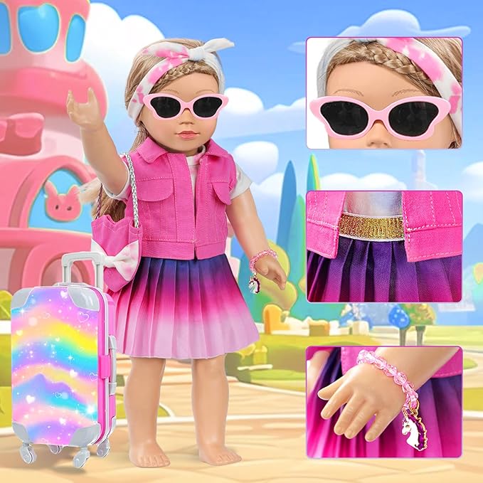 18 Inch Girl Doll Makeup Accessories Set and Clothes, Fit 18 inch Dolls, Suitcase Clothes Bag Hairband Eyeshadow Mascara Brush Lipstick Bracelet Sunglasses Hair Clips (Dolls and Shoes Not Included)