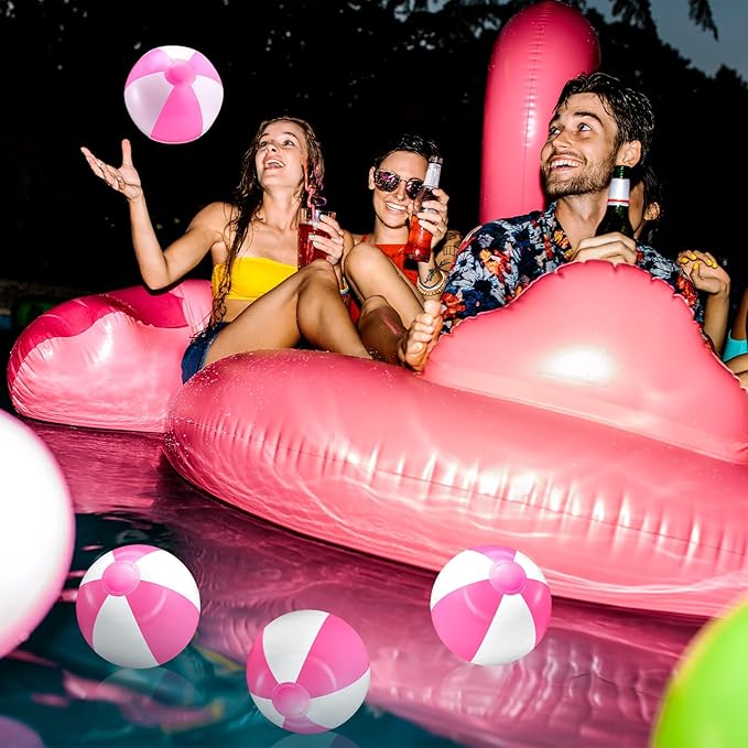 24 Pack 8 Inch Pink and White Inflatable Beach Balls Bulk PVC Beach Balls Blow up Water Games Toys for Kids Summer Swimming Pool Party Favors Hawaiian Tropical Theme Party Supplies
