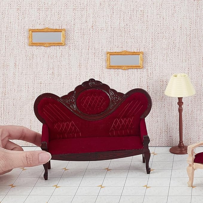 AHANDMAKER Dollhouse Furniture Miniature Accessories, 1/12 Scale Mini House Vintage Red Wooden Carved Sofa Bench Armchairs for Dollhouse Living Room Scene Simulation Craft Decoration Party