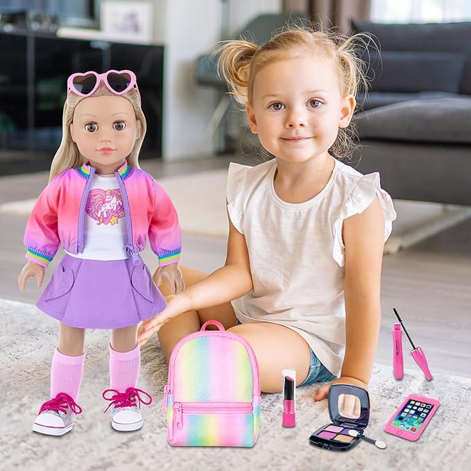American 18 Inch Doll Clothes and Makeup Accessories Set - Dolls Makeup and Outfit Playsets Bundle with Rainbow Backpack and Fashion Essentials (Doll NOT Included)