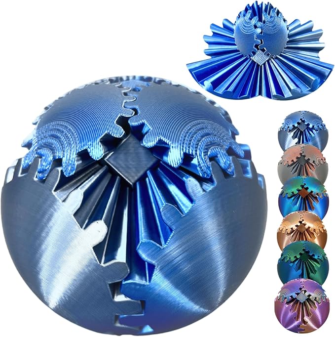 Gear Ball 3D Printed Spin Ball Cube Fidget Toys, Gear Sphere Fidget Toy, GearSphere Desk Toy Stress Fidget Balls, Fidgets Spinners for Adults & Kids Anxiety Relaxing (Laser Silver Blue, 2.3 Inch)