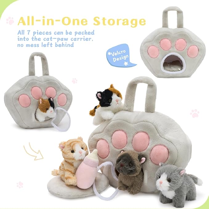 Tezituor 7Pcs Cat Stuffed Animal Set,Plush House with 4 Soft Realistic Kitten Toys,Cats Plushies for Kids Christmas Birthday Halloween Pet Gift – Interactive & Travel-Friendly Kitties Carrier Playset