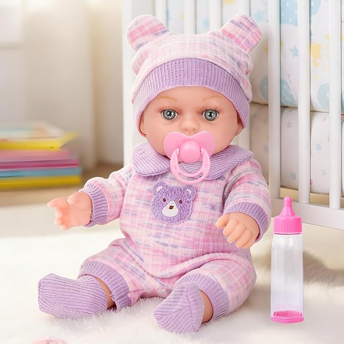 XFEYUE 12'' Baby Doll with Bear Pattern Backpack in Gift Box,Including Clothes Accessories, Backpack, Baby Bottle, Pacifier, Hat, Socks, and Handkerchief for 3+ Child Girls Gifts