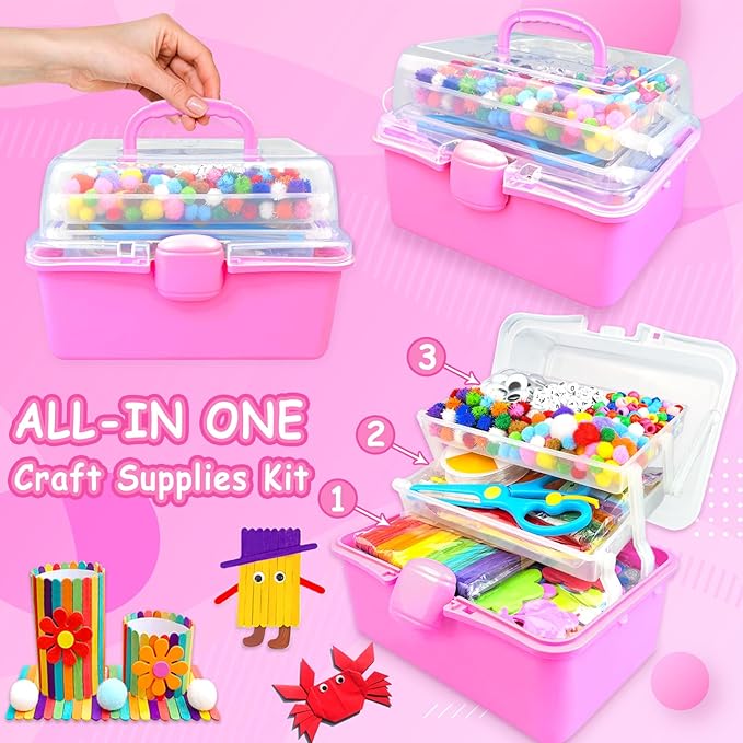 3000 Arts and Crafts Supplies for Kids Craft Kit Craft Box with Pipe Cleaners Arts and Crafts for Kids Age 4-6, 6-8, 8-12 DIY School Supplies Materials Set Toys Gifts for Girls Boys Toddlers, Red