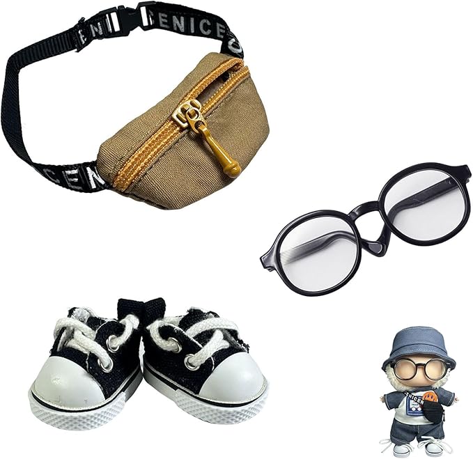 3pcs Lububu Doll Accessories Set Included Mini Glasses, Shoulder Bag and Canvas Shoes, Dress Up Accessories Replacement for 17cm Doll (Shoulder Bag - Brown)