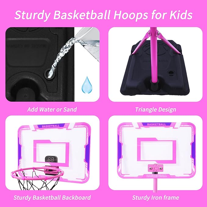 Nattork Kids Basketball Hoop, Adjustable Height Toddler Basketball Hoop Stand, Indoor Outdoor Basketball Goal Toy for Boys Girls Ages 3~8 Years Old, Includes 3 Balls, Ideal for Birthday Gift