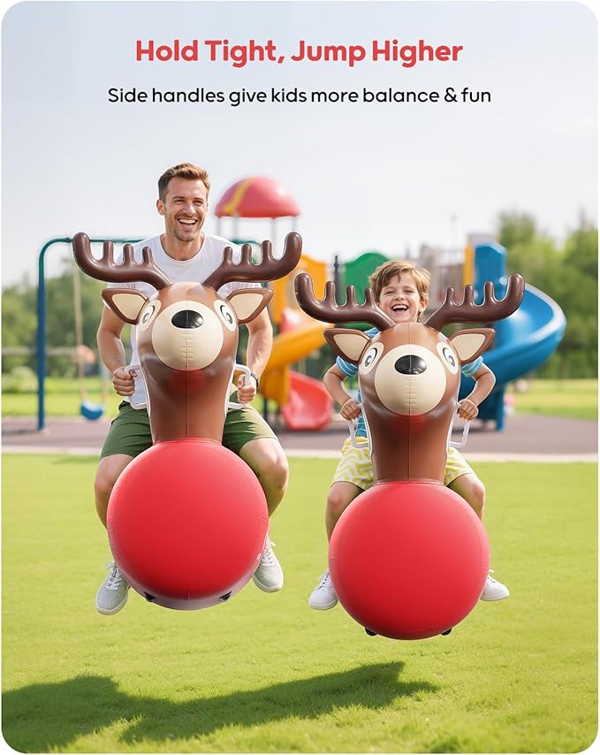 QPAU 2 Pack Large Inflatable Reindeer Hopper Bouncy Toy, 250lbs High Capacity Ride-on Animal for Kids & Adults, Soft Fabric Cover & Pump, Durable Puncture-Resistant Bouncer for Family Party Gift