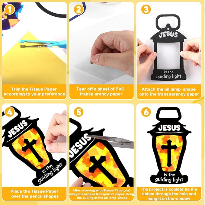 32 Set Christian Suncatchers Crafts Kits Jesus is The Guiding Light DIY Religious Window Stained Glass Hanging Ornament Easter Holiday VBS Paper Craft Holy Night Lent Sunday School Activities