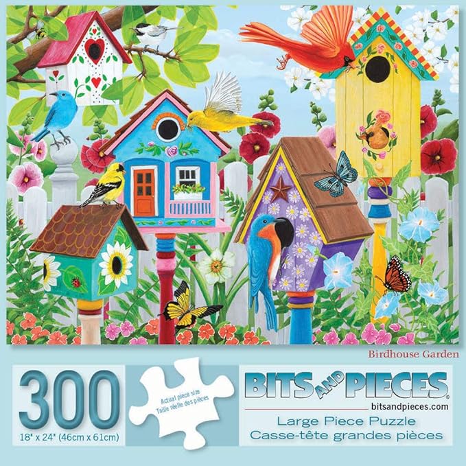 Bits and Pieces – Large 300 Piece Jigsaw Puzzle for Adults – ‘Birdhouse Garden’ by Artist Kathy Bambeck, Completed Puzzle Size: 18" x 24"