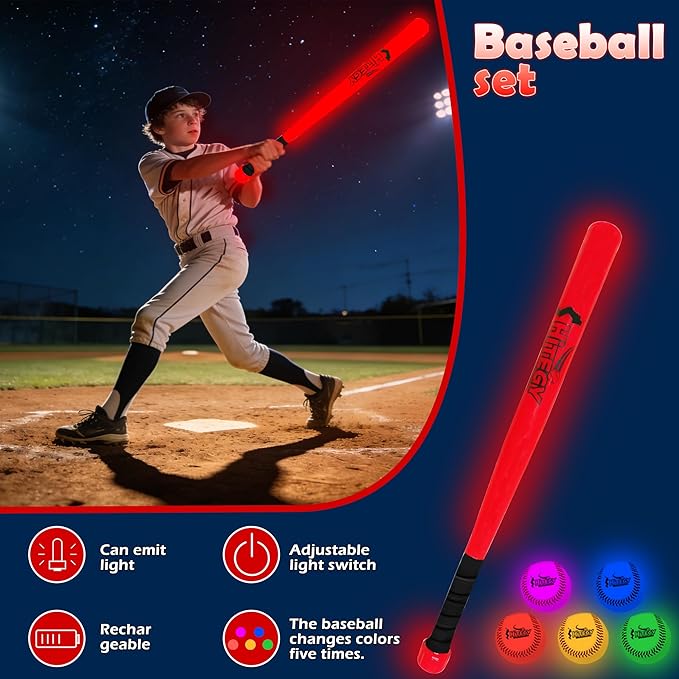 Glow in the Dark Baseball Set，Light Up Baseball USB Charging Led Tball Set Glow in the Dark Toys for Night Practice, Backyard Games Baseballs Gifts for Boys 8-12 Baseballs Accessories