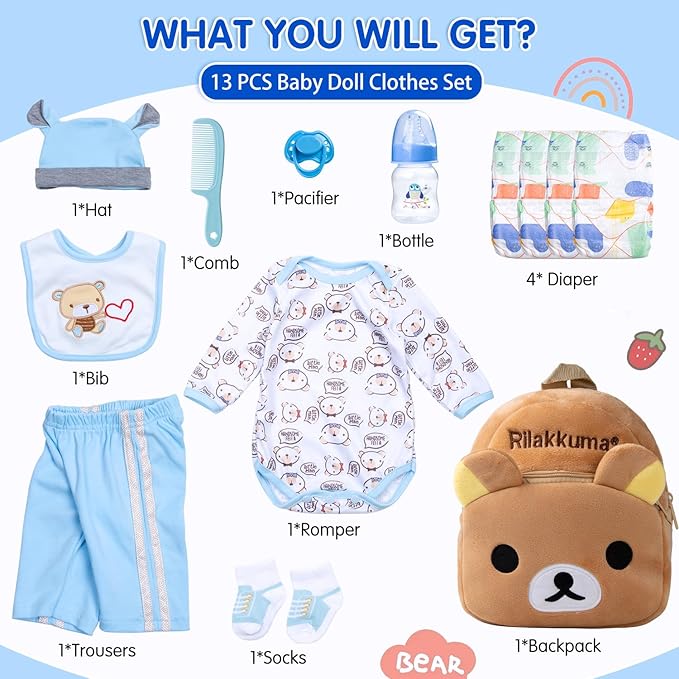 13Pcs Baby Doll Accessories Set, Reborn Baby Doll Clothes 17-22 Inch Boy Blue Outfits with Backpack + Diapers + Feeding Bottle, Babies Pretend Play Set