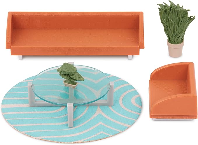 Lori – Mini Boy Doll & Toy Living Room Furniture – 6-Inch Boy Doll & Dollhouse Accessories – Sofa, Armchair, Coffee Table, Rug, Plants – Play Set for Kids – 3+ Years– Miguel's Lounge Set