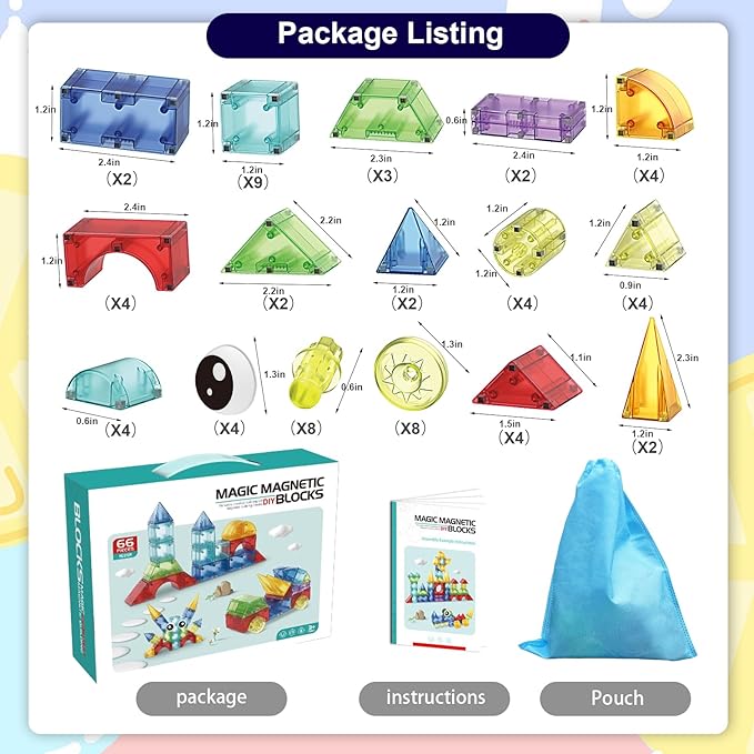 Magnetic Blocks,66 Piece Translucent Building Blocks for 3+ Boys Girls Birthday Gifts,Multi Shape Magnetic Cubes Preschool Classroom Educational Toys for 3-8 Year Old Kids STEM Activities