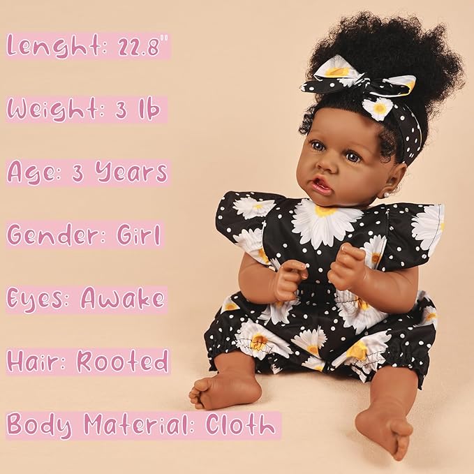 HOOMAI Reborn Baby Black Dolls African American Lifelike Silicone Doll Realistic 22.8 Inch with Cloth Body Birthday Gift Set