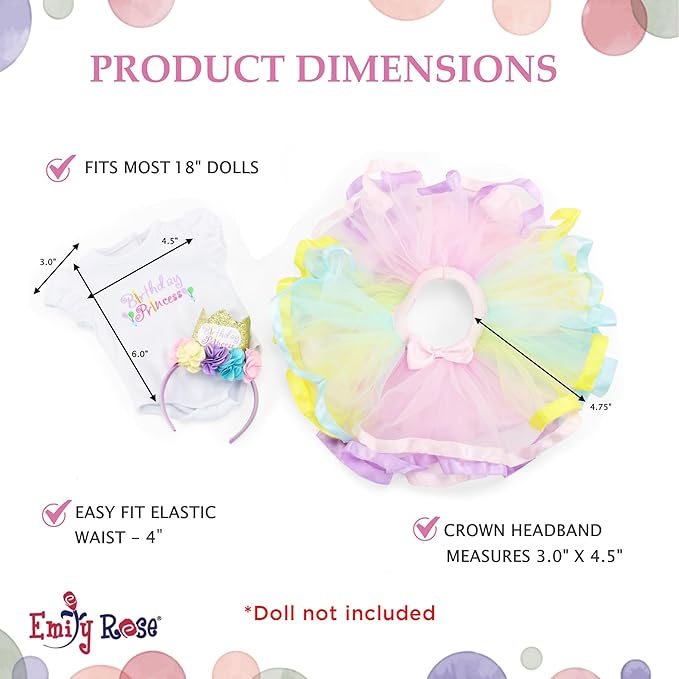 Emily Rose 18" Doll Birthday Princess 3PC Outfit with Tutu & Tiara | Clothes Set is Compatible with American Girl Dolls | USA Brand - Gift Boxed | Ages 5+ | NO Doll