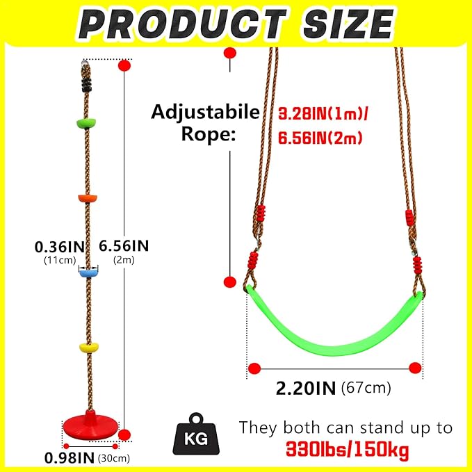 Tree Swing Climbing Rope 2 Pack Multicolor with Platforms Red Disc Swings Seat - Outdoor Playground Set Accessories Tree House Flying Saucer Outside Toys - Bonus Carabiner and 4 Feet Strap