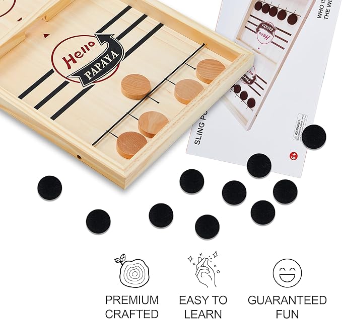 Fast Sling Puck Game - Test Your Speed and Accuracy with This Fast-Paced Wooden Air Hockey Desktop Battle Board Game - Guaranteed Fun Gifts for Family Night or Friends Party