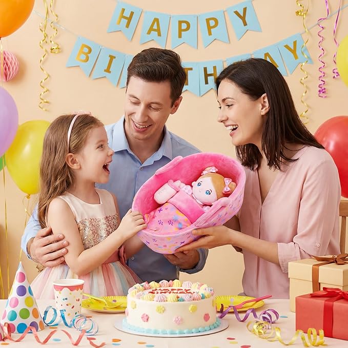 OUOZZZ Baby Doll Accessories with Soft Doll, Bassinet, Blanket and Bottle, Interactive Pretend Playset for Social Emotional Learning, Perfect Birthday Toy & Gift for 2 Year Old Girls