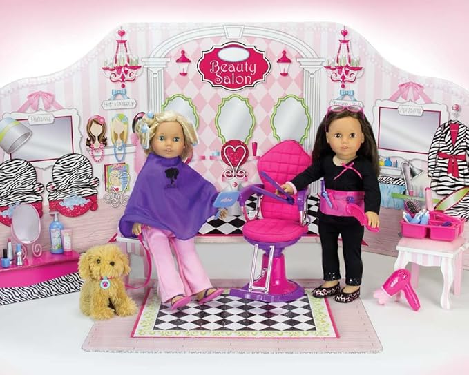 Sophia's Hair Salon Complete 30 Piece Set with Styling Tools, Hair Ties, Brush, Mirror, Blow Dryer, Salon Cape and More for 18" Dolls, Pink/Purple