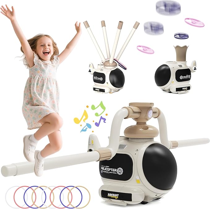 4-in-1 Music Jumping Toy Car,Dual Rotating Poles for Jumping & Dodging,Auto Flying Disc Launcher with Catching Net,Spinning Pole for Ring Toss,Kids outdoor toys,Games for Kids Boys and Girls (White)
