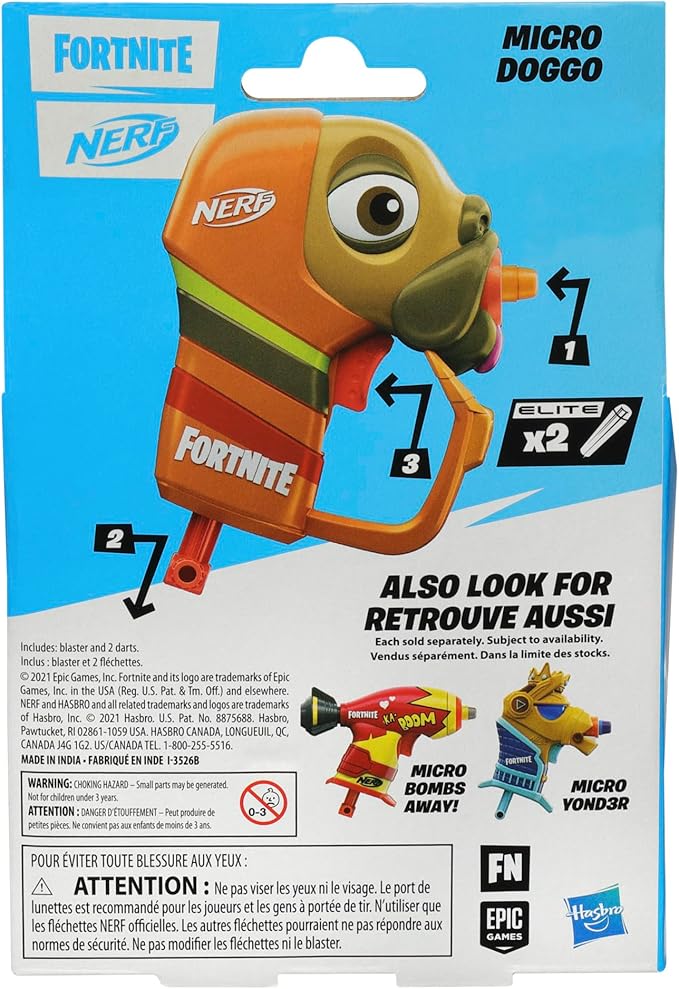Nerf Fortnite Micro Doggo Mini Dart-Firing Blaster - Fortnite Doggo Outfit Design - Includes 2 Official Nerf Elite Darts
