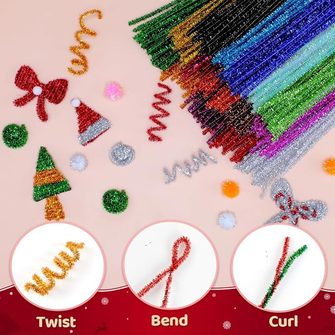 Praisebank Glitter Pipe Cleaners for Crafts, 200pcs, Chenille Stems for DIY Projecets, Arts & Crafts Supplies for Festival Party Decorations