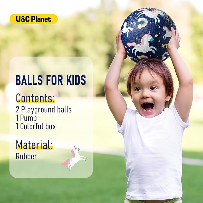 U&C Planet Playground Balls for Toddlers 1-3, 2 Pack 6 inch 8.5 inch Kickball for Kids Outdoor Indoor, Catoon Rubber Balls with Pump, Child Gift for Boys Girls 1-3 3-5 5-10