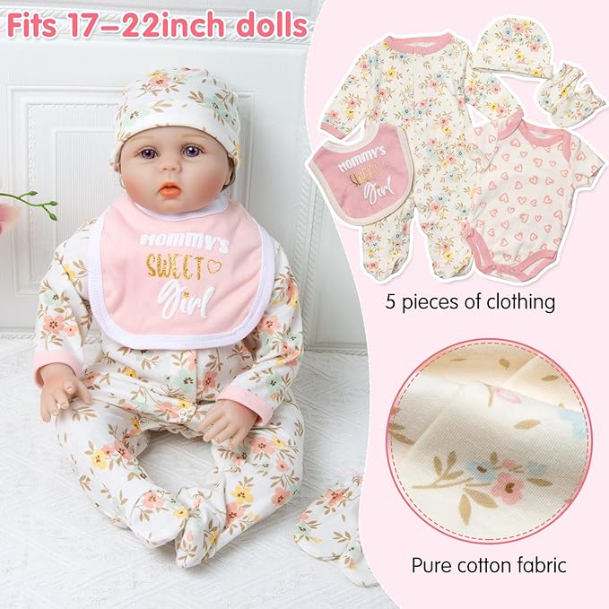 Reborn Baby Dolls Clothes Outfit Accessories Pink Floral Prints 13 Pcs Set for 17-22 Inch Reborn Dolls Newborn Girl with Pink Strawberry Backpack Diaper