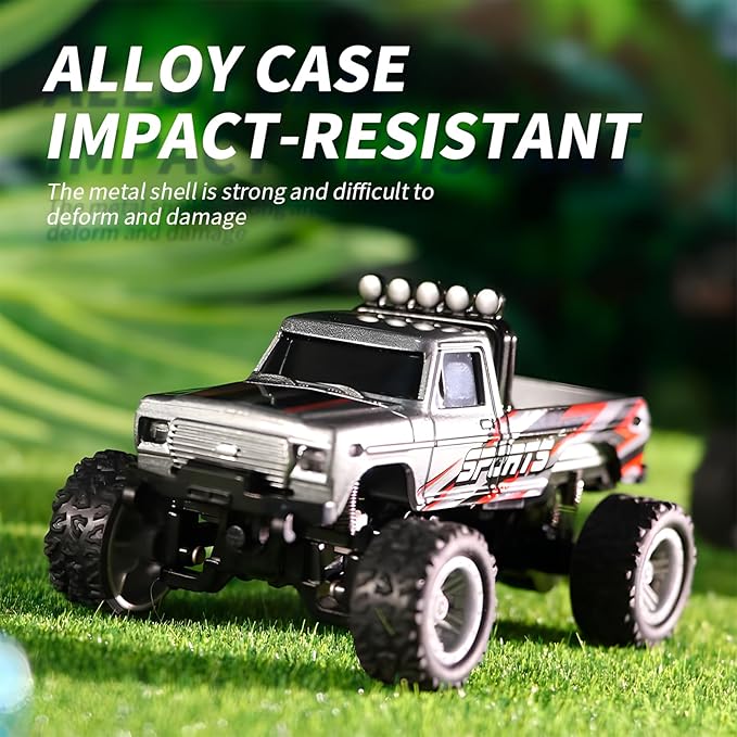 Mini Monster Truck, 1:64 Scale Remote Control Car with Lights, 2.4GHz Off-Road RC Truck, USB Rechargeable RC Car with Adjustable Speed for Kids Indoor & Outdoor Racing (Grey)